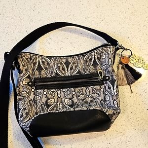Sakroots Canvas Crossbody Purse Black and White Owl print and charm